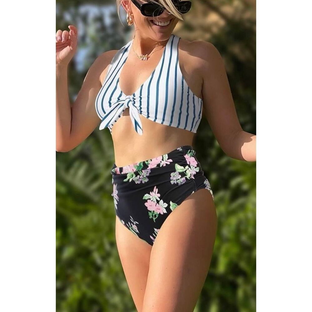 New in Package Womens Phurro Floral & Stripe Front Knot Bikini Swimsuit - Sz S